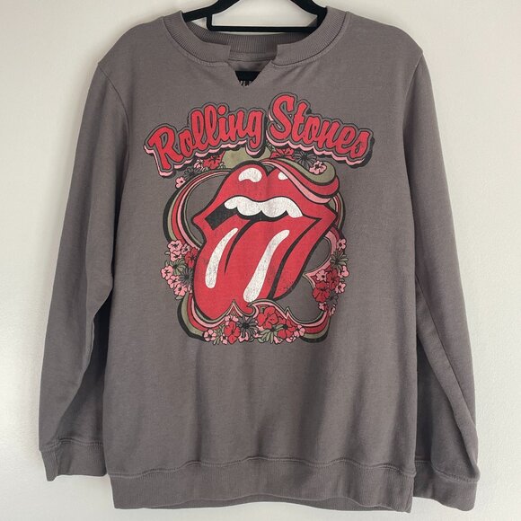 Rolling Stones Gray Logo Graphic Sweatshirt Notched Collar Size M - Picture 1 of 5